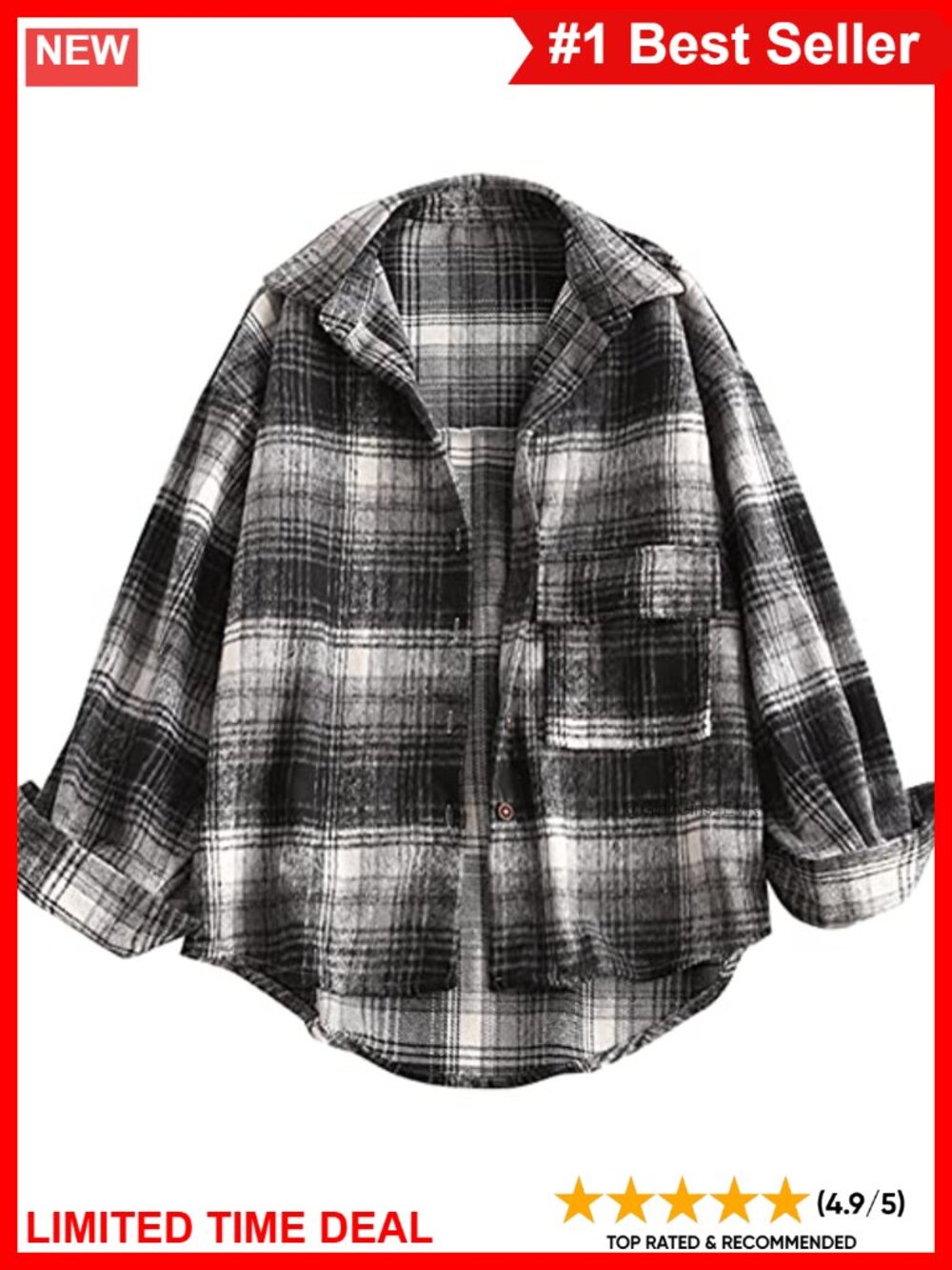 Plaid Button Down Shacket Long Sleeve Shirt Jacket with Pocket